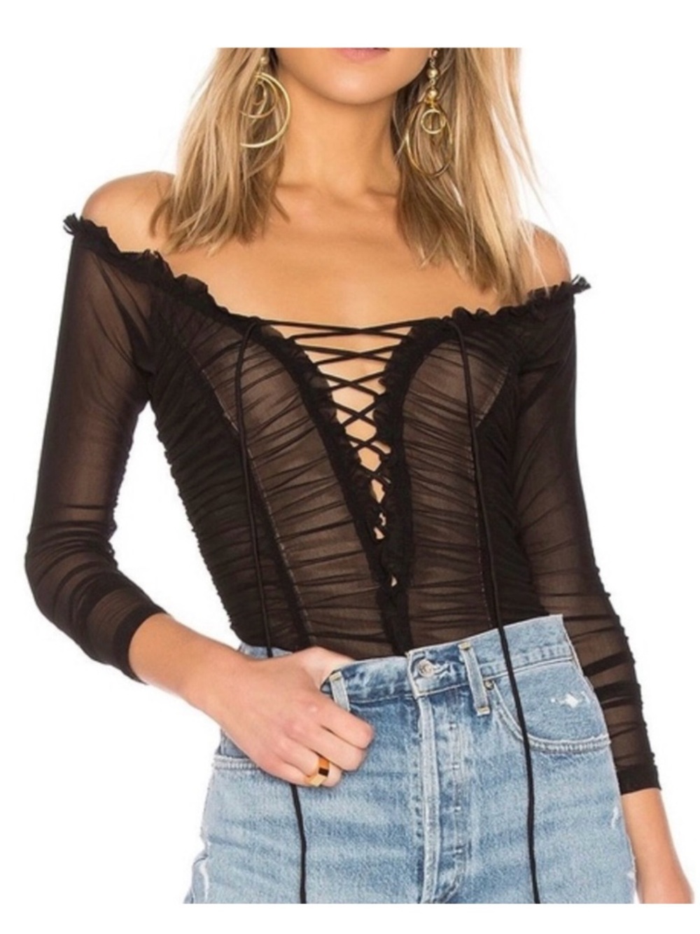 MAJORELLE Cleo Black Ruched Off-Shoulder Lace-Up Sheer Thong Bodysuit